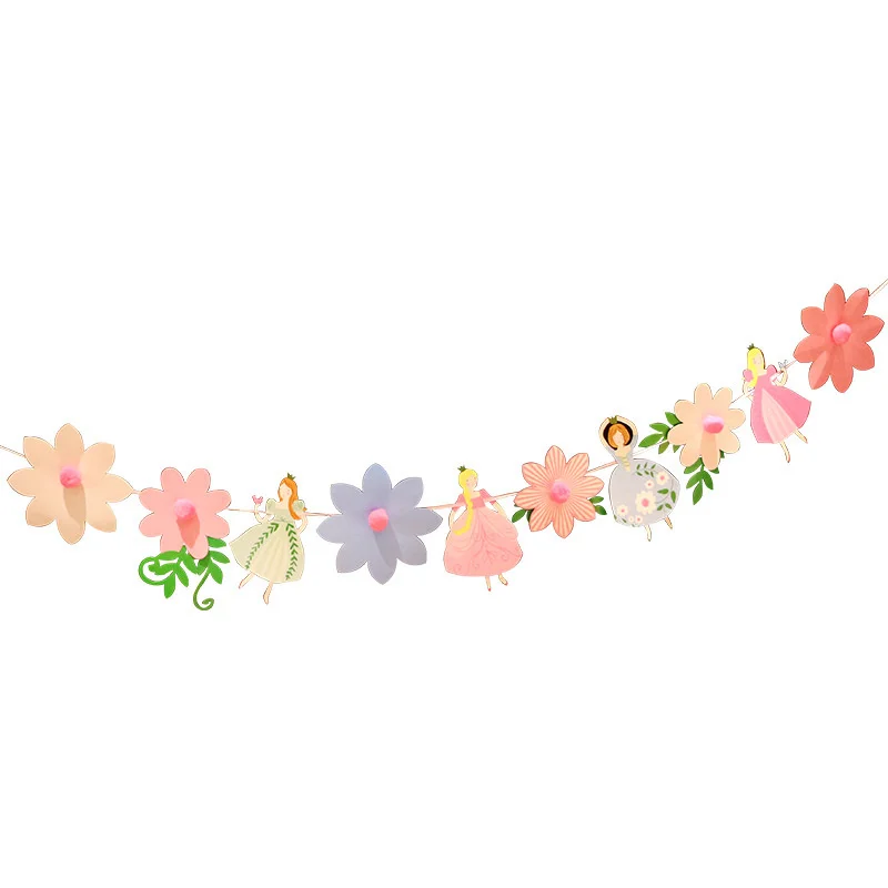 

Flowers hanging flags girl princess birthday party layout colorful flag field girl baby hundred days fairy banner