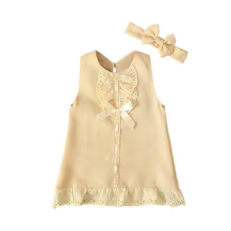 

2022 Newborn Baby Girls Dresses Summer Cute Bow Sleeveless Princess Party Birthday Lace Dress+Headband 2Pcs Kids Toddler Clothes