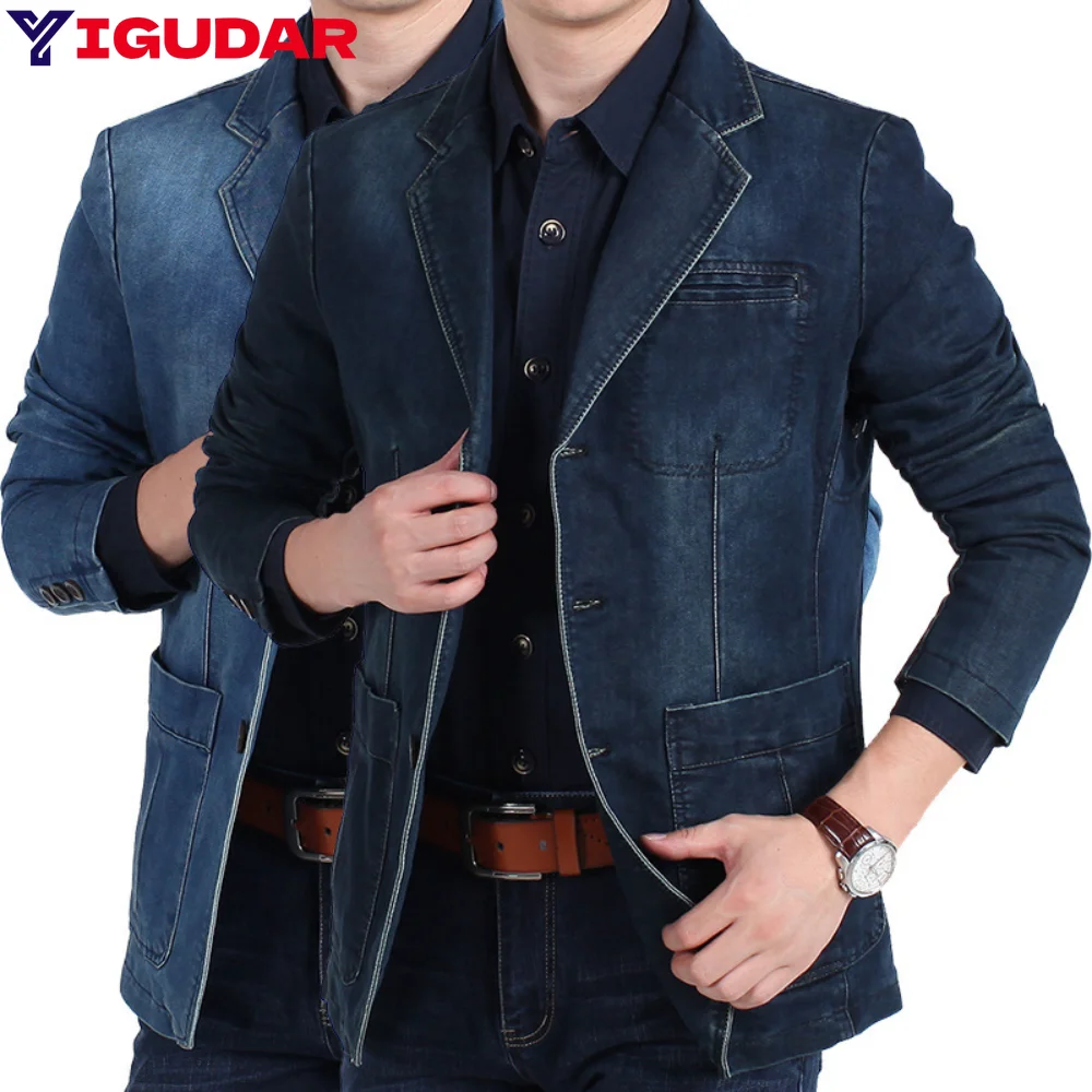 

Джинсовая куртка мужская, приталенный однобортный Блейзер в стиле милитари, джинсовое пальто с отложным воротником, y2k, осень