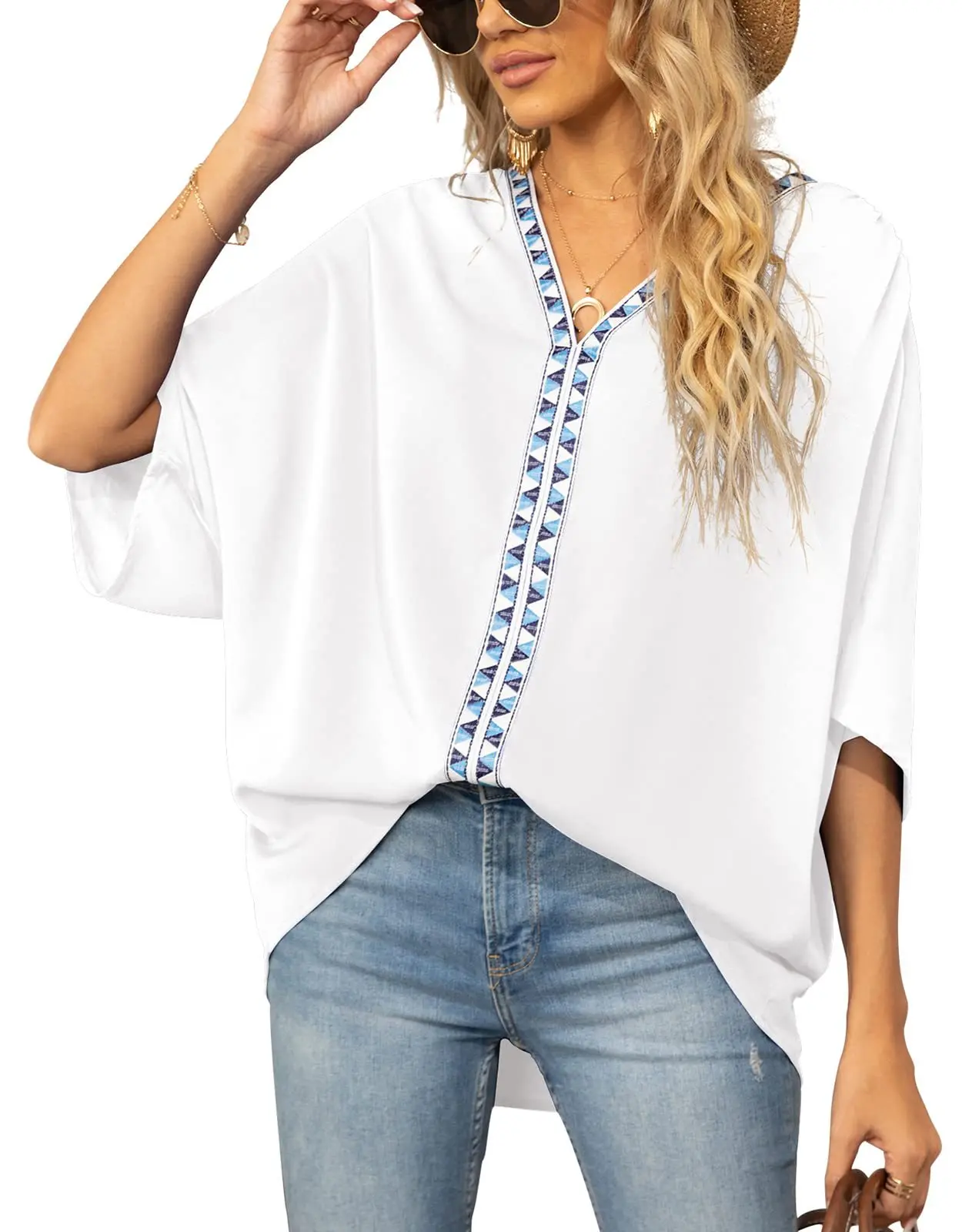 

2023 Women Blouses Summer Bat Half Sleeve Elegant Casual Solid Color V-Neck Chiffon Shirt Loose Patchwork Top Pullover