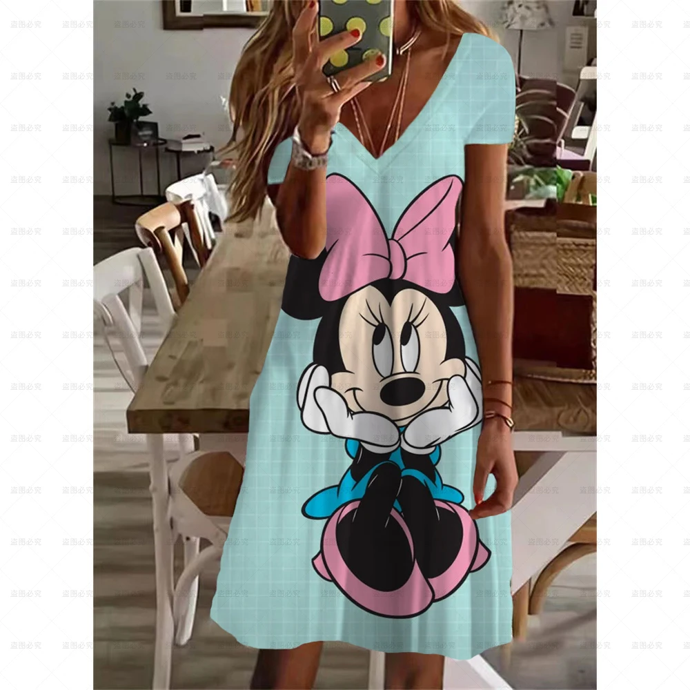 

2022 Summer Women's Shift Dress Knee Length V Neck Short Sleeves Elegant Disney Mickey Minnie Print New Design Bohemia Dress