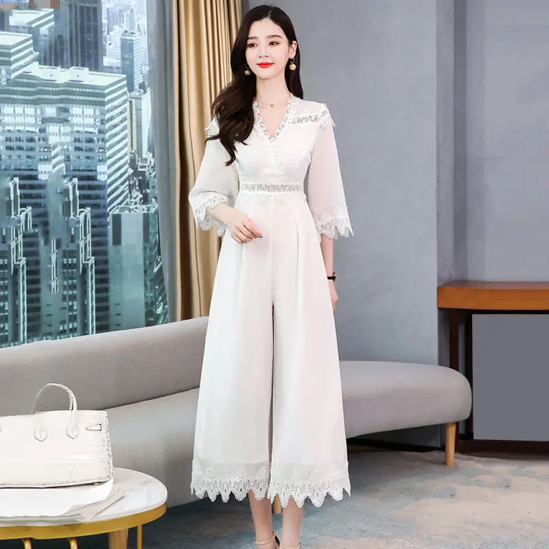 

Women 2022 Summer Vintage V-neck Lace Rompers Female Casual High Waist Wide Leg Playsuits Ladies Elegant Chiffon Jumpsuit K63