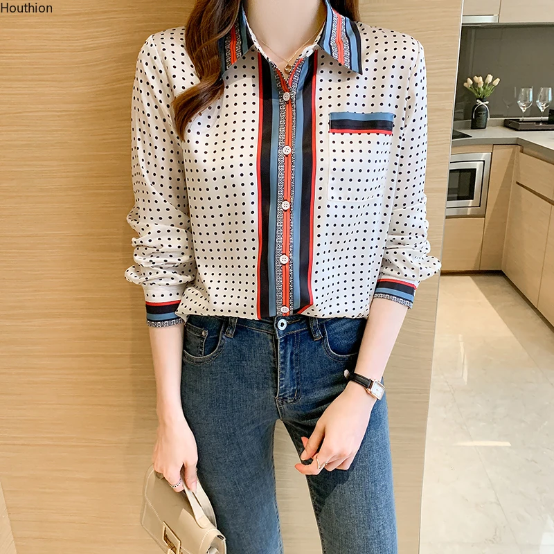 

Summer New Women's Blouses Polo Shirt Long Sleeve Tops Dot Print Girl Chiffon Casual Fashion Lady Loose