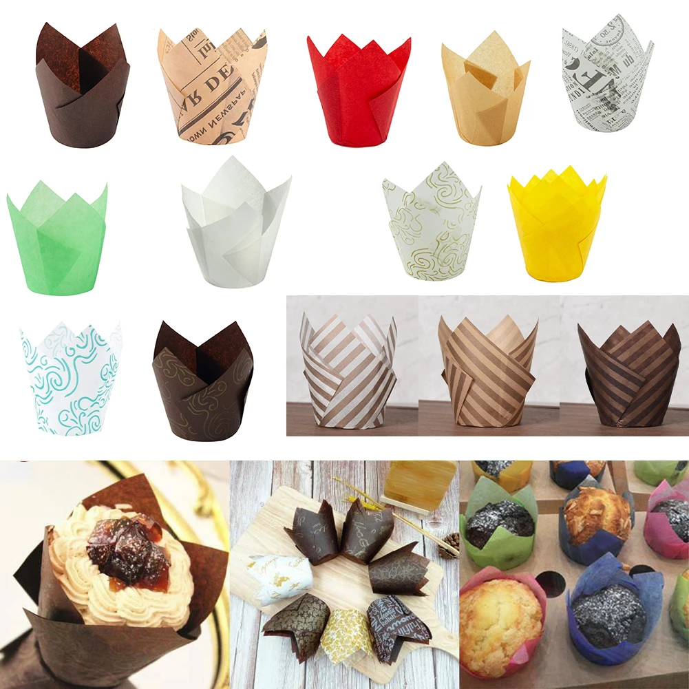 

50Pcs Tulip Muffin Cupcake Paper Cups Oilproof Cupcake Liner Baking Muffin Box Cup Case Cake Decorating Tool Muffin Wrap Cases