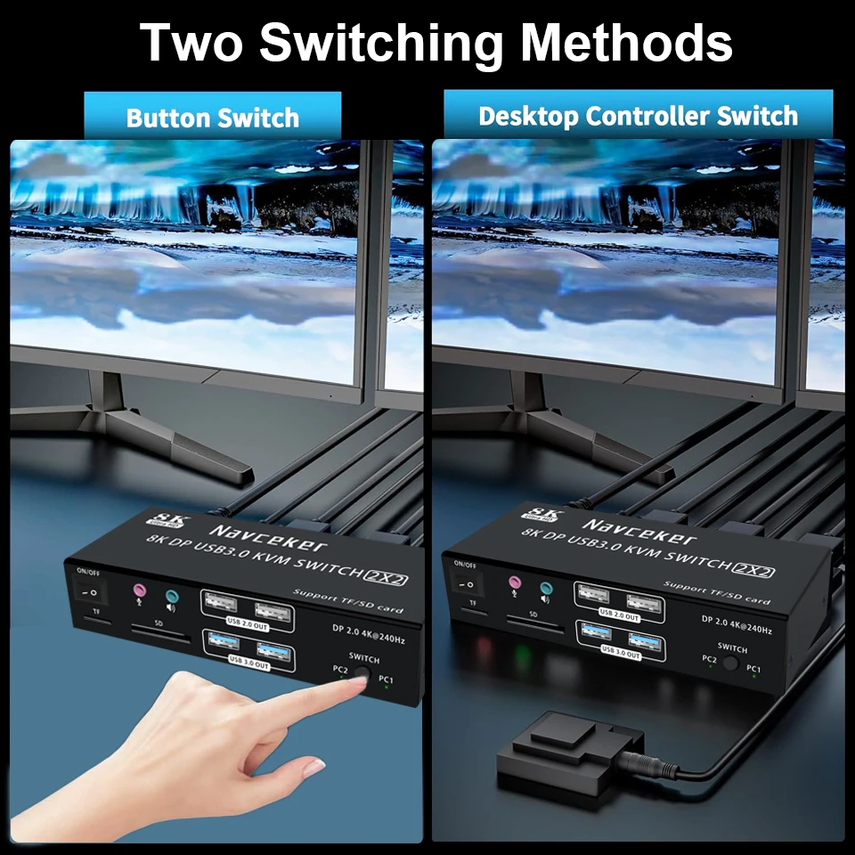 Фото Navceker 4K 240Hz Dual Monitor DP 2.0 KVM Switch 8K USB 3.0 Displayport KVM Switch 2 in 2 out Дисплей 2 монитора 2 Компьютер ПК №5