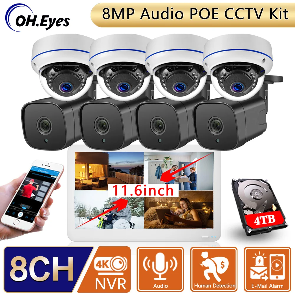 

Наружная водонепроницаемая IP-камера видеонаблюдения, 4K, 8 каналов, 11,6 дюйма