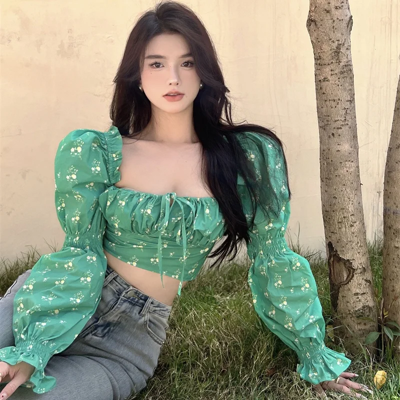 

Блузка женская с пышными длинными рукавами, элегантная приталенная Повседневная рубашка с квадратным вырезом, с цветочным принтом в стиле ...