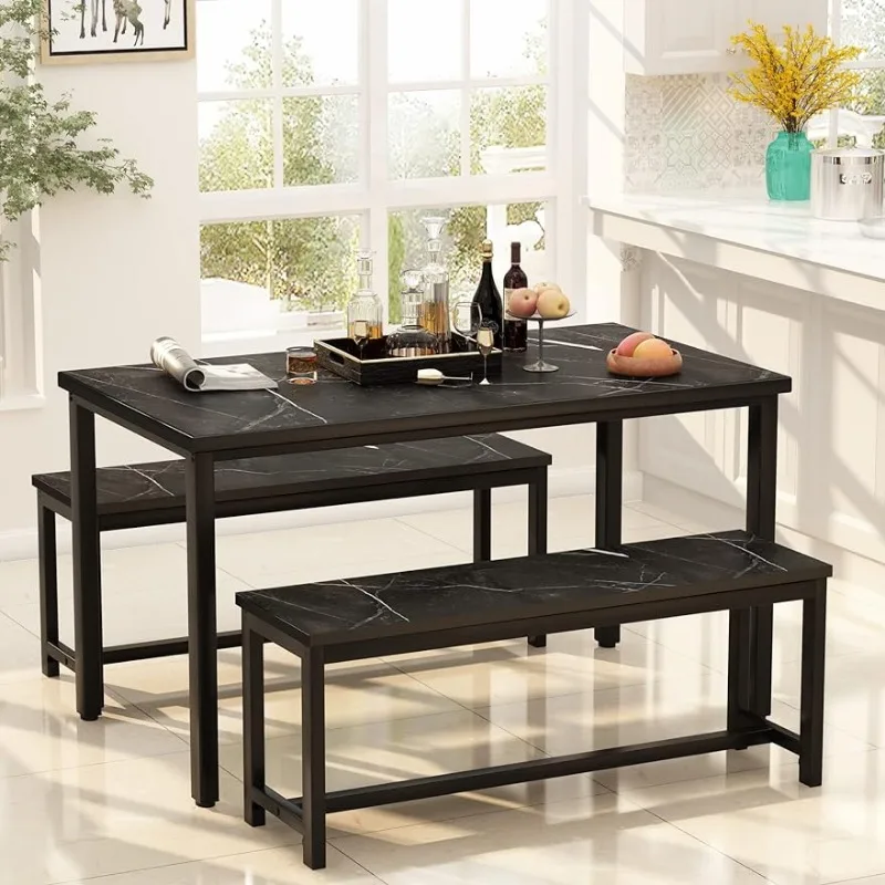 

Кухонный стол со скамейками, Мраморная текстура, металлическая рама, регулируемые по высоте ножки, обеденный стол для кухни