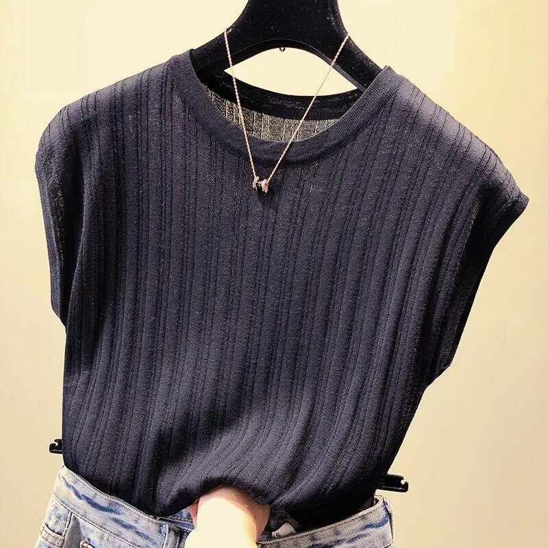 

Summer O Neck Slim Knitted T-shirts Female 2023 Casual Tees Loose Short Sleeve T Shirt Women Elegant Solid Bottom Tshirts 27565