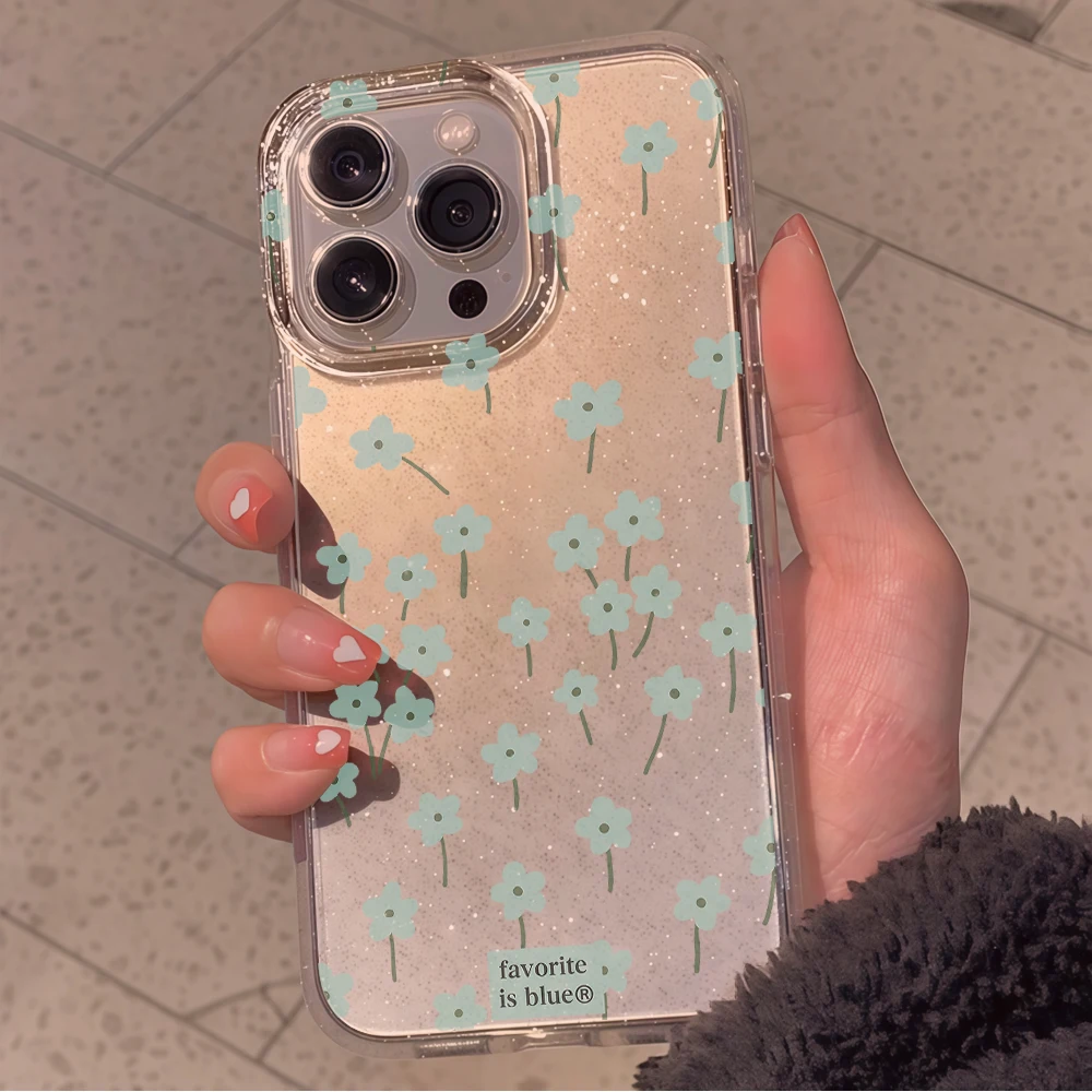 Роскошный синий чехол с цветами и блестками для iPhone 17, 15, 13, 16, 12, 11, 14 Pro Max, 17 Air, XR, X, 16e – Противоударный чехол из ТПУ (art.: 3920db3ceb030) - 3920db3ceb030