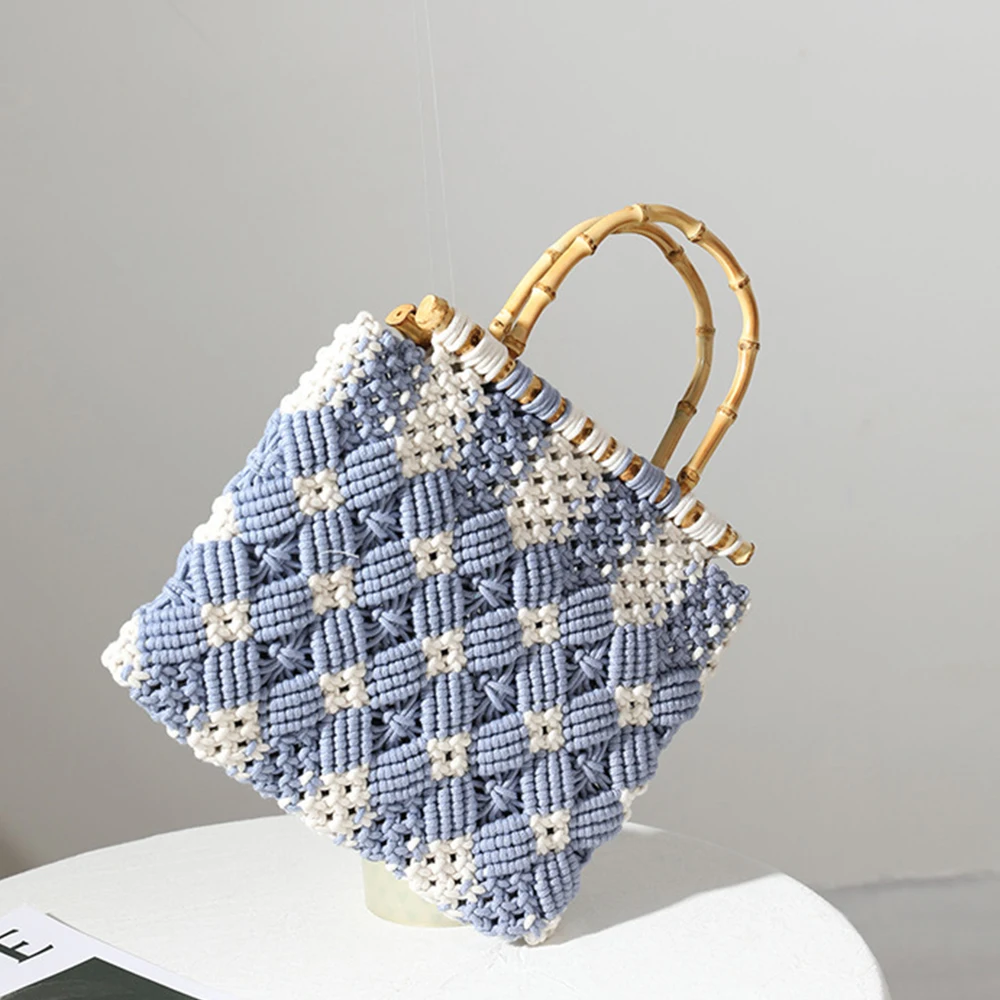 

Bamboo Handle Tote Woven Bags for Women 2022 Cotton Thread Crochet Women Handbags Luxury Brands Knitting Clutch Purses Flap Ins