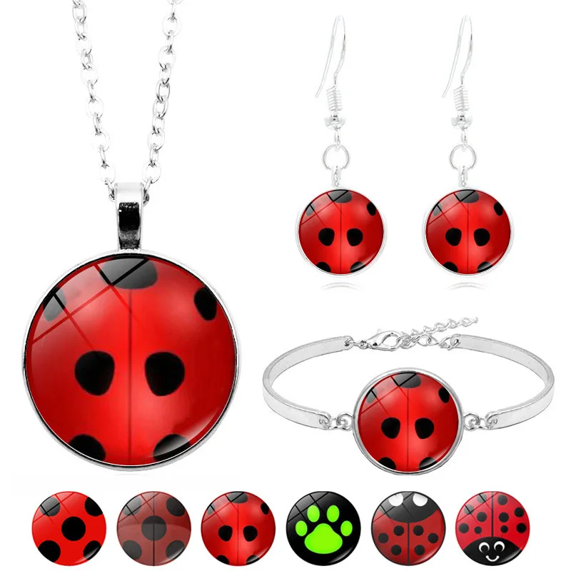 

Fashion Ladybug Glass Pendant Black Red Point Pendant Necklace Bracelet Earrings Set For Children Gifts
