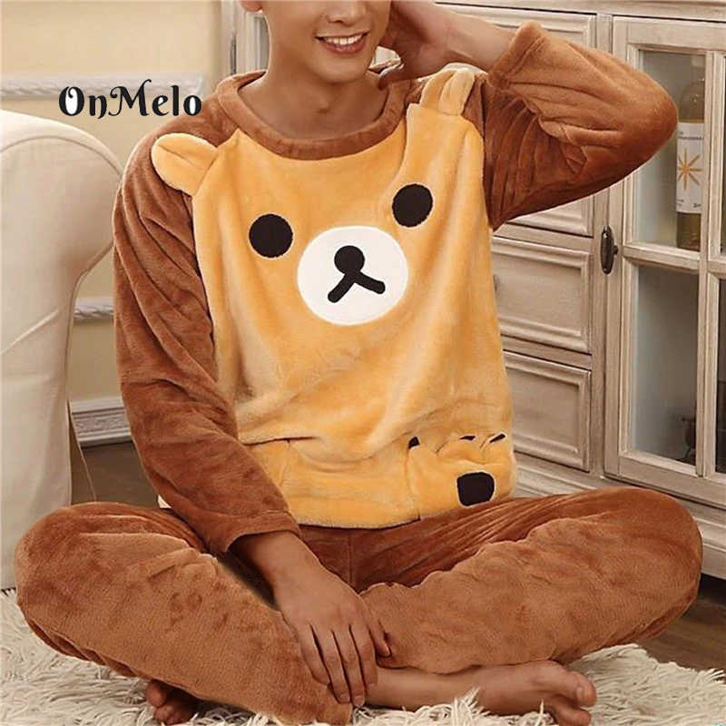 

Зимние толстые теплые фланелевые пижамные комплекты OnMelo с длинным рукавом для мужчин коралловый бархат Милая мультяшная одежда для сна Жен...
