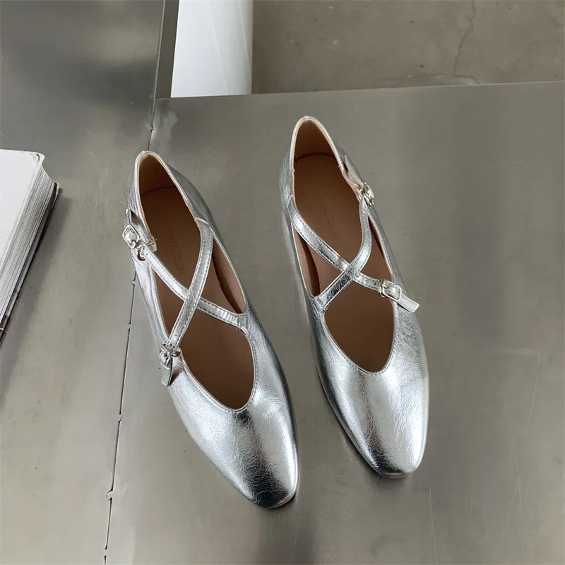 

Retro Woman Shoes Low Heels Female Footwear Patent Leather Ballet Flats Shallow Mouth Pointed Toe Dress Cross New Basic Rubber