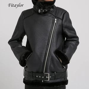 FitaylorЖенская куртка из искусственной овечьей кожи; Зимняя теплая Толстая куртка из искусственной кожи; Куртка из овечьей шерсти с меховым воротником; Женская Свободная верхняя одежда