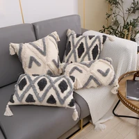 new grey geometric tufted cushion cover 4545cm3050cm 4 corner fringe pillowcase home car decorative pillow cover for sofa