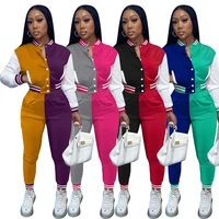 womens color blocking sportswear two piece slim round neck long sleeved baseball uniform jacket jacket and trousers suit