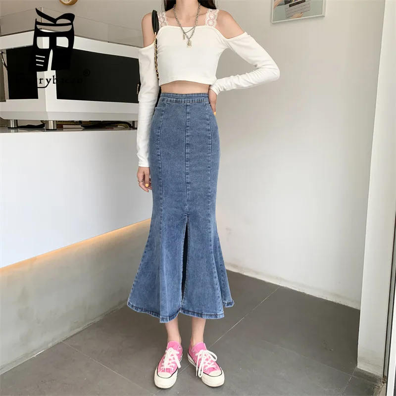 

Облегающие длинные джинсовые короткие юбки, юбки с завышенной талией в Корейском стиле, женская одежда 2022 Y2k