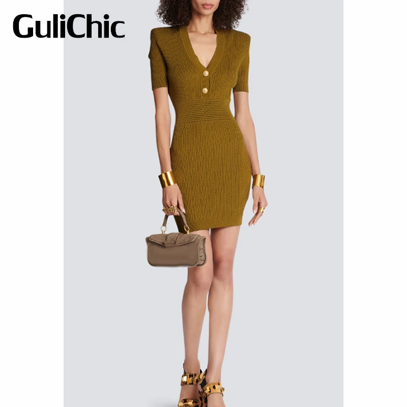 

4.7 GuliChic Fashion Elegant V-Neck Short Sleeve Shoulder Pads Zipper Gold Button Stretch Slim Package Hip Knitted Dress Women