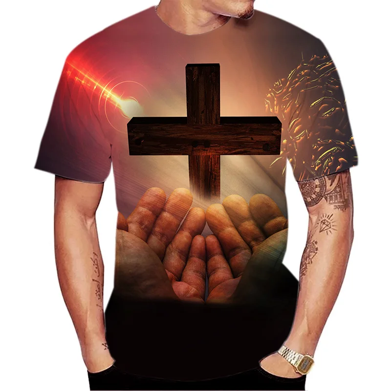 

Футболка мужская с принтом христианских католиков и Иисуса, Повседневная тенниска с круглым вырезом и короткими рукавами, майка в стиле кэж...