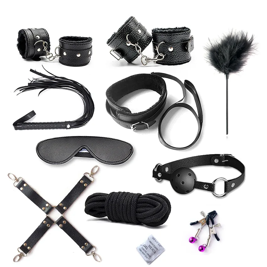 

10 Pcs/set Sex Products Erotic Toys for Adults BDSM Bondage Set Handcuffs Nipple Clamps Gag Whip Rope for Couples Hand Cuffs