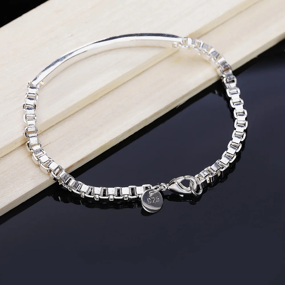 

New charm 925 Stamp Silver color Bracelet for woman man Classic Strip lattice chain Wedding party Christmas Gift fashion Jewelry