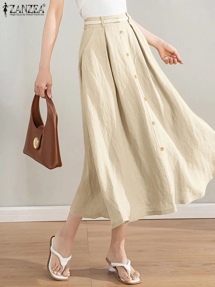 

Юбка ZANZEA Женская длинная свободного покроя с завышенной талией, повседневная офисная одежда, трапециевидная однотонная хлопковая элегантная миди-юбка оверсайз для отдыха