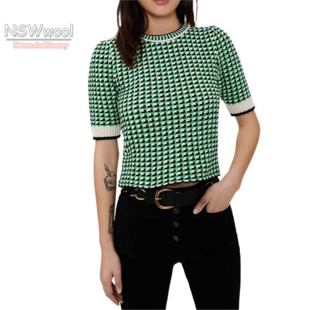 

2022 Spring New Desgin Women's Green Crew Neck Plaid Knitted Top