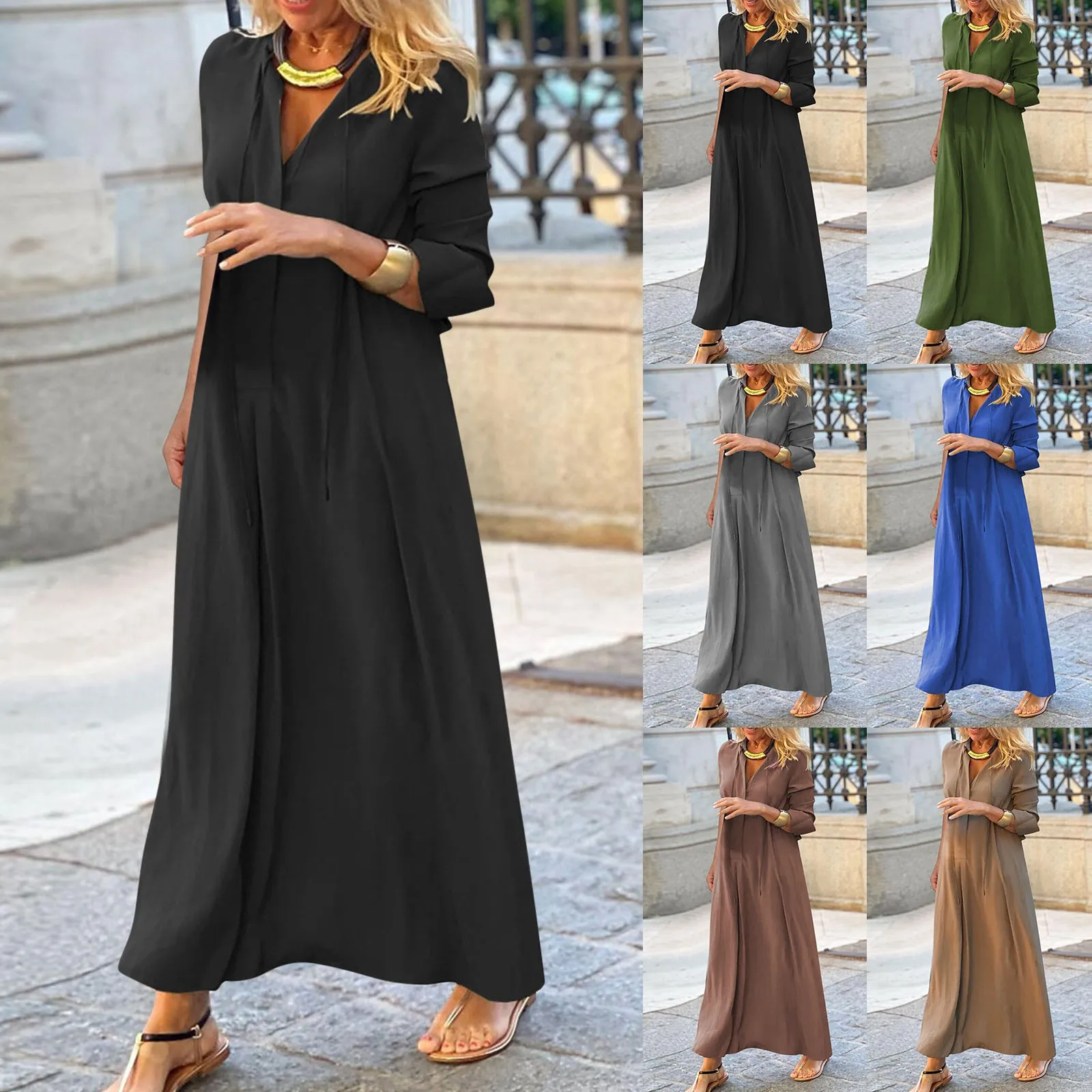 

Женское однотонное платье-рубашка с отложным воротником и длинным рукавом