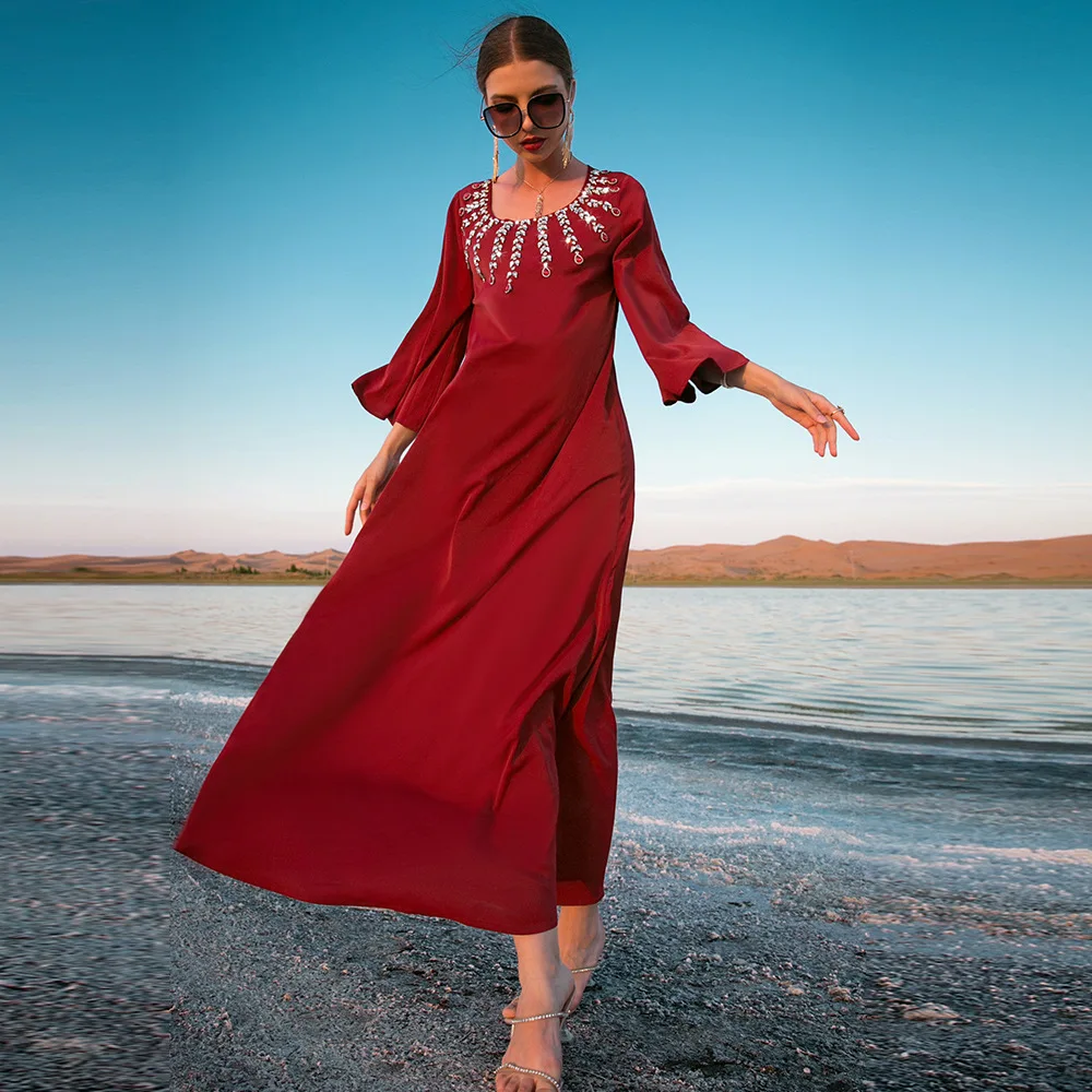 Women Dress with Belt Diamond Muslim Abaya Dubai Kaftan Islamic Clothing Evening Party Gown Caftan Marocain Djellaba Eid Ramadan