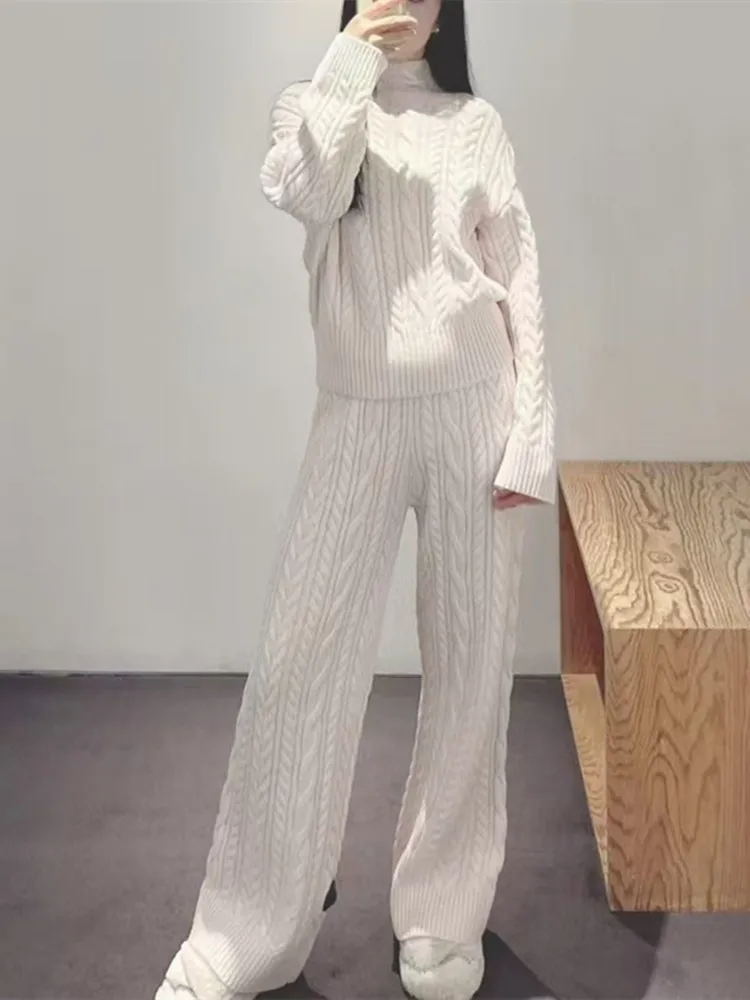 Женский витой вязаный костюм 2024 осень-зима полуводолазка пуловер или прямые