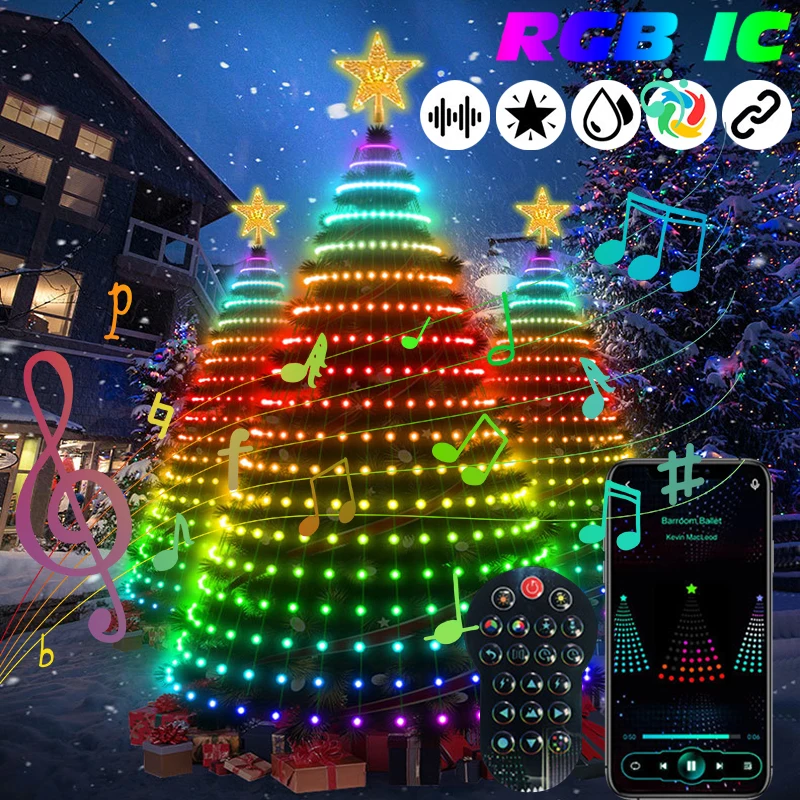 Smart RGB IC Christmas Tree Lights Multicolor Fairy LED Star Strings Waterfall APP Bluetooth Yard Holiday DIY Programmed Lights