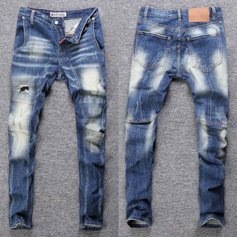 Fashion Spliced Designer Men Jeans Retro Blue Stretch Slim Fit Ripped Biker Jeans Homme Street Hip Hop Pants Men Hole Trousers