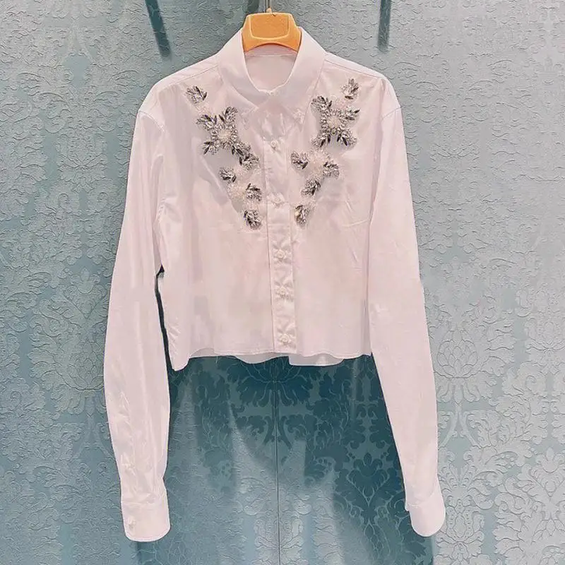 High Quality Diamond Beading Short White Lapel Shirt Vintage Luxury Loose Long Sleeve Elegant Women Blouses Tops 2022 Brand New