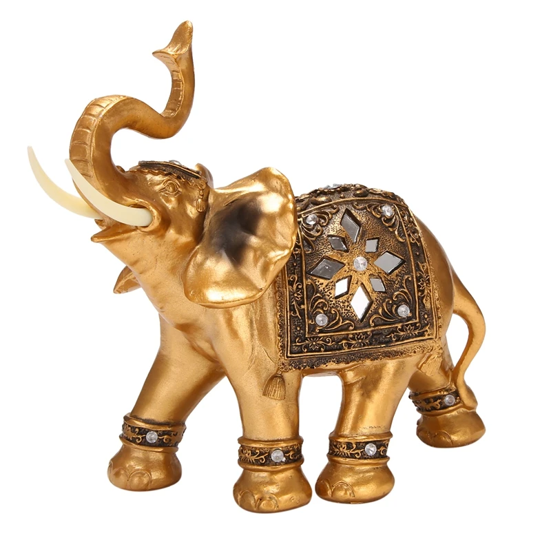 

Golden Resin Elephant Statue Feng Shui Elegant Elephant Trunk Sculpture Lucky Figurine Crafts Ornaments for Home Decor