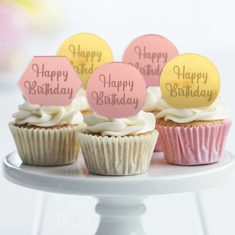 

1pcs Happy Birthday Cupcake Toppers Gold Silver Acrylic Circle Cake Topper DIY Insert Card for Birthday Party Dessert Decoration
