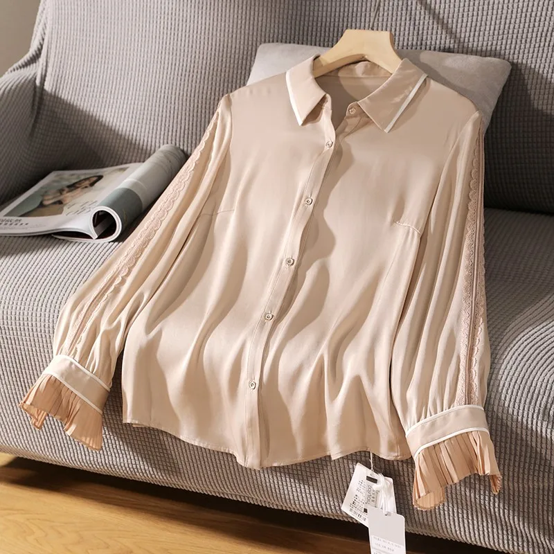 

Long Sleeve Blouse Solid Color Casual Silk Blouse Lapel Long Sleeve Single Breasted Placket Shirt Ruffle Cuffs Lace Decoration