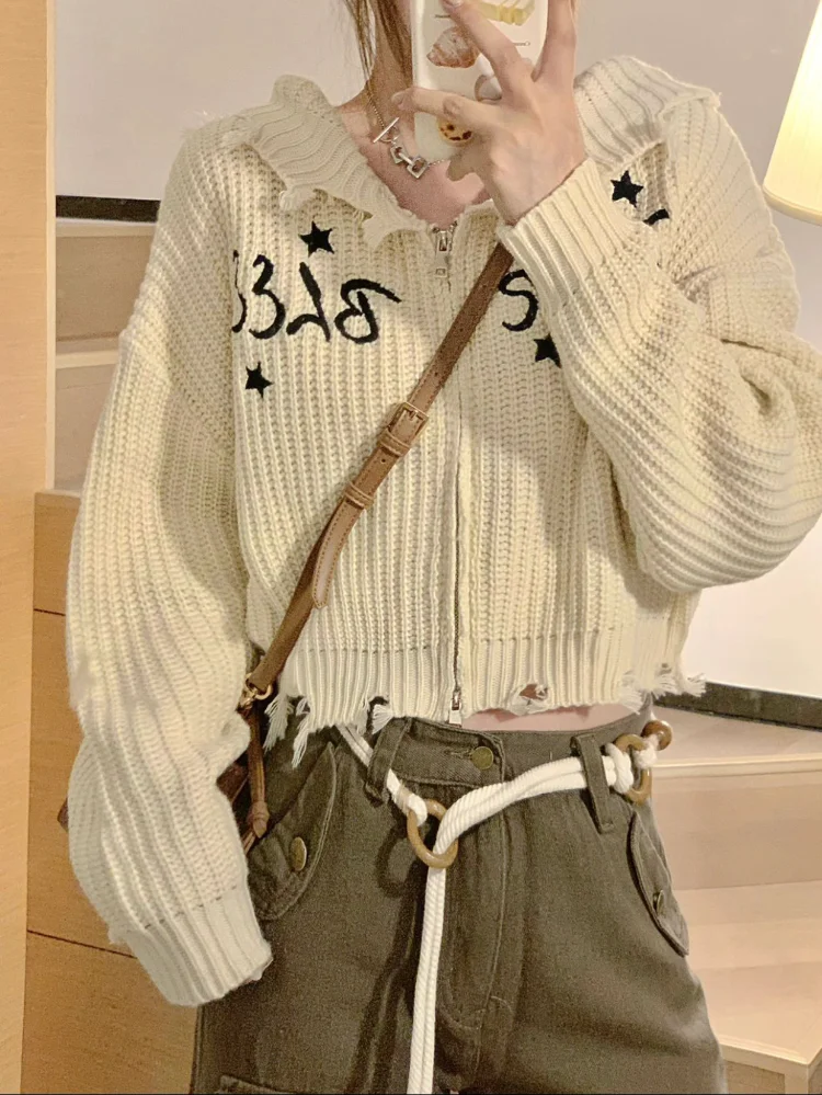 

American Vintage Hole Hoodie Sweaters for Women Spring New Long Sleeve Zipper Tops Lazy Style Letter Print Knitted Cardigan