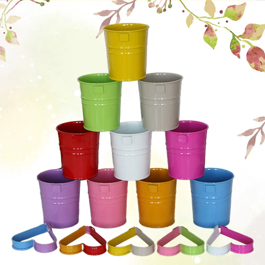 

10pcs Iron Flower Bucket Candy Color Small Bucket Flower Pot Removable Hook Bucket Decorative Flower Bucket for Home Garden