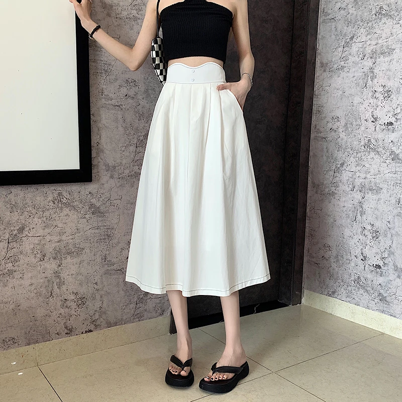 

Elegant Office Lady Long Midi Skirts Women High Waist Korean A-Line Loose Casual Party Skirt Sweet Chic Harajuku Two Buttons