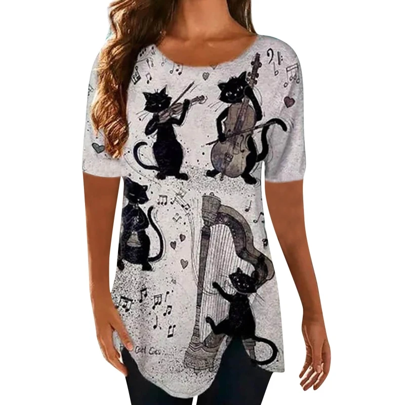 

H9ED Women Short Sleeve O-Neck Mid-Length T-Shirt Music Print Loose Tunic Top Tee