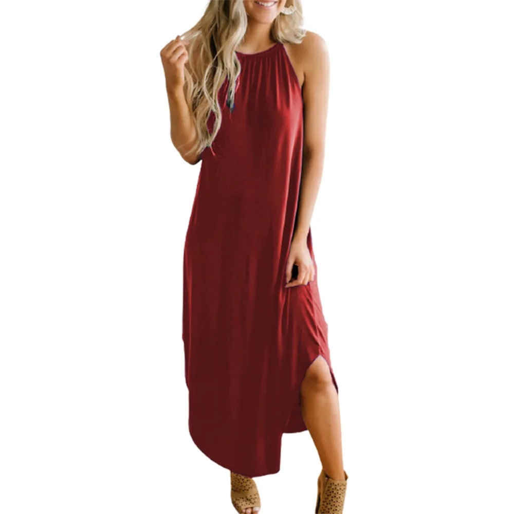 

Casual Women Dress Sexy Spaghetti Strap Dress Solid Sleeveless Loose Slit Dresses Summer Beach Party Dress Women Clothing