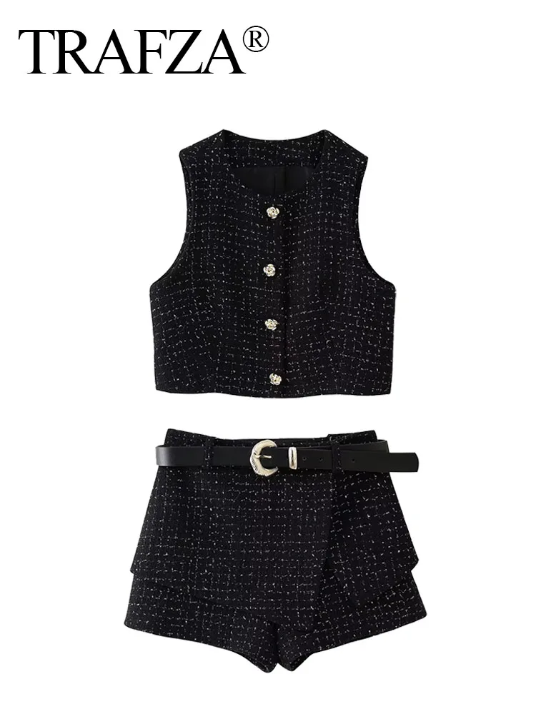 Костюм брючный женский с круглым вырезом модный однобортный жилет на пуговицах