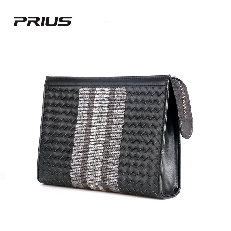 Men's embroidered handbag 100% leather cowhide large capacity soft woven handbag luxury brand design business bag