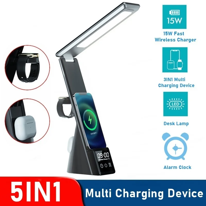 

5IN1 Alarm Clock Wireless Charger Stand for IPhone 13 12 11 Pro Max Table Lamp 15W Fast Charging Station for Apple Watch AirPods