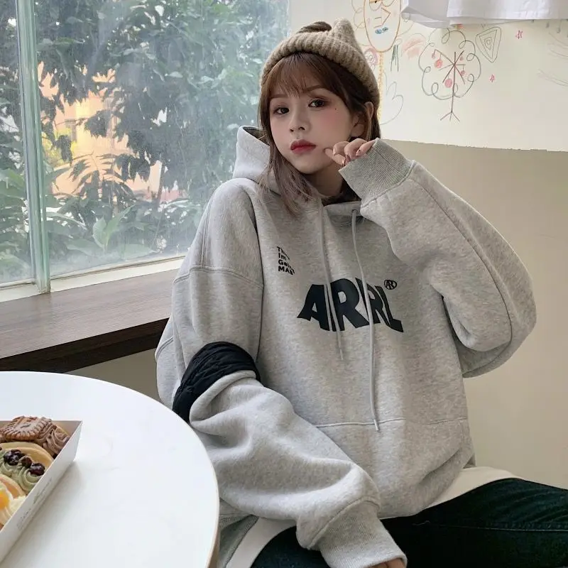 

oversize hooded vests women's spring, autumn and winter new loose letter printing plus velvet padded Joker coat tide