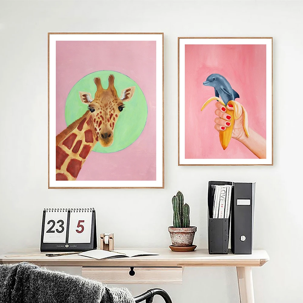 

Banana And Dolphin Funny Art Picture Canvas Painting Print Fashion Giraffe Kid Love Poster Abstract Draw Nursery Room Home Decor