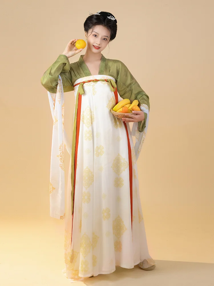

Hanfu зеленый Традиционный китайский женский элегантный старинный костюм династии Тан летний комплект из 3 предметов шифоновая повседневная одежда