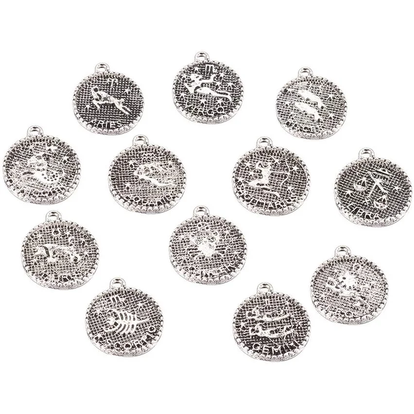

100pcs Flat Round Alloy Pendants Mixed Constellation Beads Charms Jewelry Finding for Necklace Bracelet Earring Jewelry Making