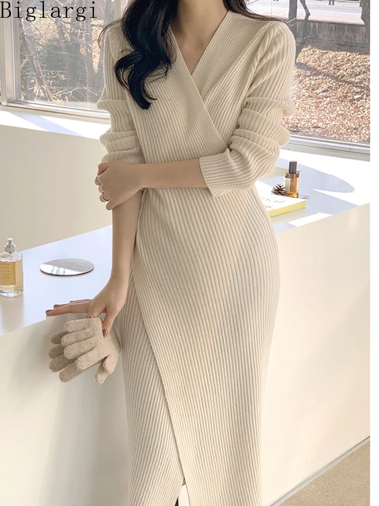 

Fashion Chic Autumn Winter Knitted Dress Casual Elegant Office Hip Sweater Dress Korea Ladies Womens 2022 New Sweaters Dresses